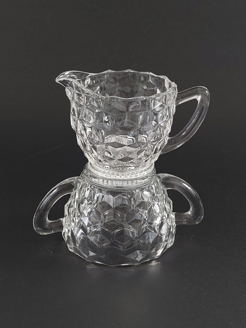 Vintage 1930s Jeannette Glass Clear Cube Cubist Creamer and Open Sugar Bowl Set